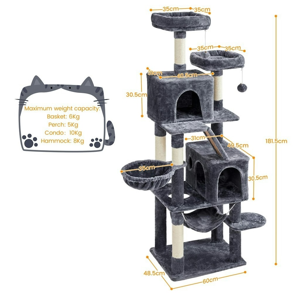 image 1 of Yaheetech 181.5 cm Multi-Level Cat Tree with Cozy Perches Dark Grey