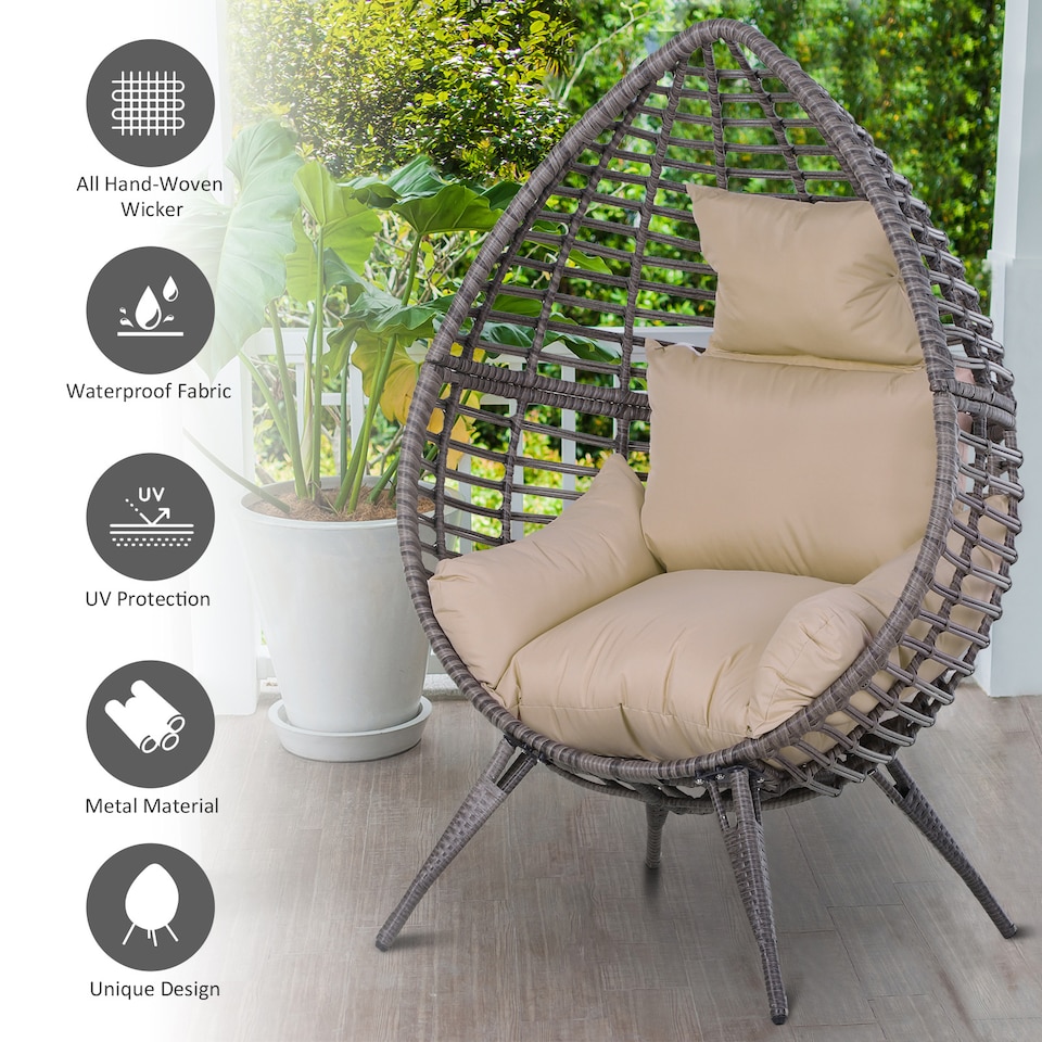 image 1 of Outsunny Garden Egg Chair, Teardrop Outdoor PE Rattan Chair with Full-body Soft Padded Cushion, Grey