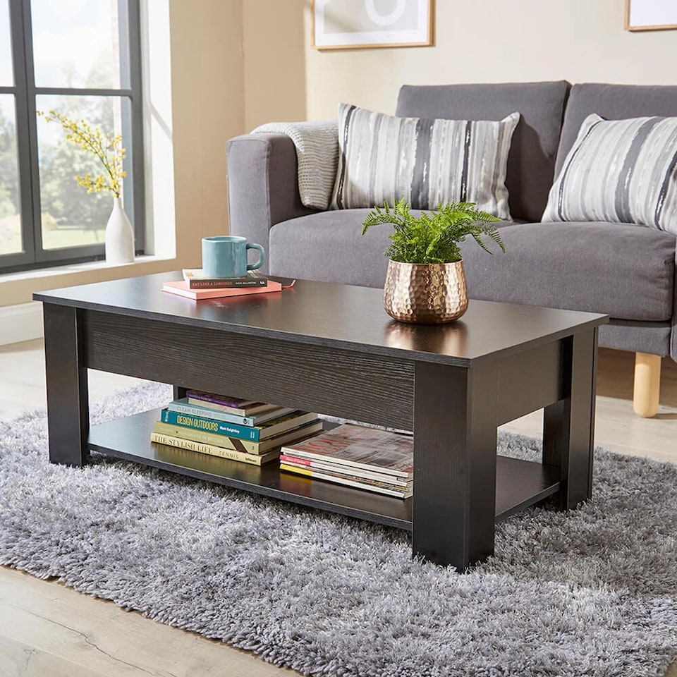 image 1 of Wooden Coffee Table With Lift Up Top Storage Area and Magazine Shelf | Black