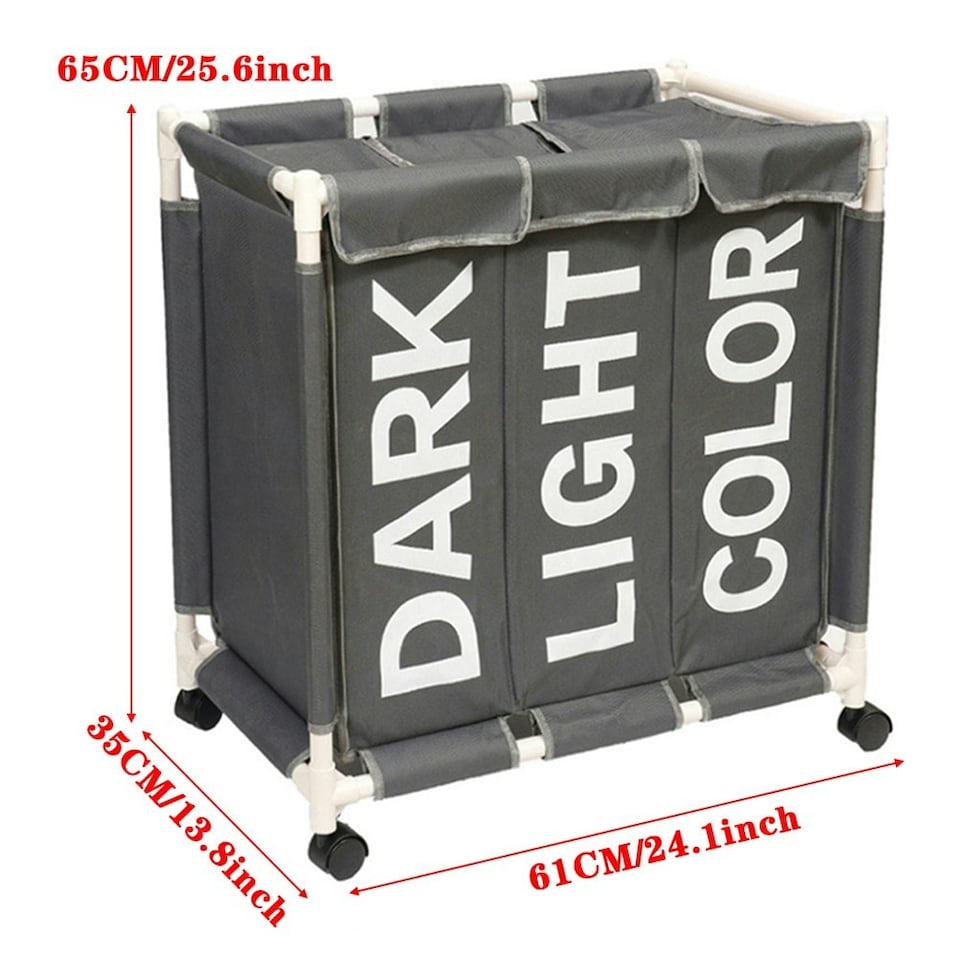 image 1 of Living and Home 3-Section Laundry Hamper Sorter with Lids & Wheels - Dark Grey | Grey