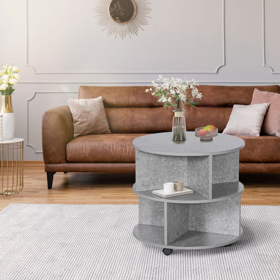 image 1 of HOMCOM Round Coffee Table, Movable Centre Table with Divided Shelves and Rolling Wheels, 3 Tier Living Room Table, Cement Colour | Grey