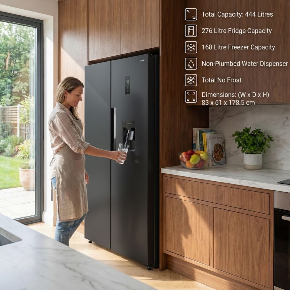image 1 of HYE 444 Litre Frost Free American Fridge Freezer with Non-Plumbed Water Dispenser, 83cm, Black - RF01AMWD460B03