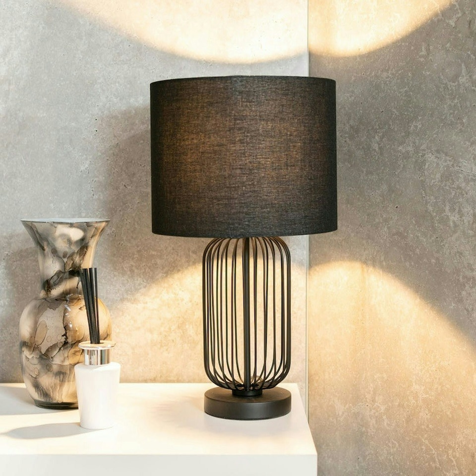 image 1 of ValueLights Gabbia Pair of Black Wire Cage Metal Bedside Dimmer Touch Table Lamps with Fabric Drum Lampshade