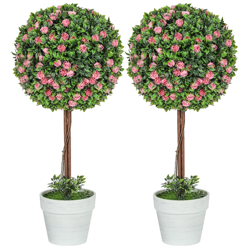 image 1 of HOMCOM Set of 2 Decorative Artificial Plants, Ball Topiary Tree with Rose Flower in Pot, Fake Plants for Home Indoor Outdoor Decor, 60cm, Pink
