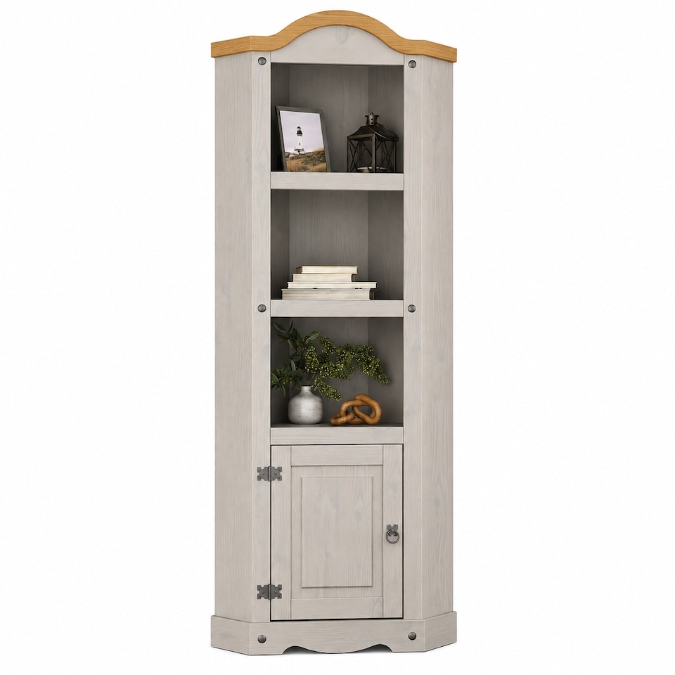 image 1 of Corona Corner Display Unit Grey Bookcase Pine Cupboard 3 Book Shelves