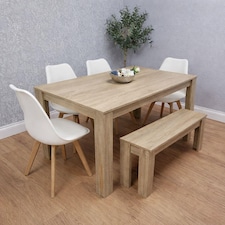 Dining Table Set Oak Effect Table With 4 White Plastic Chairs And Bench Dining Room Furniture | Brown | 6