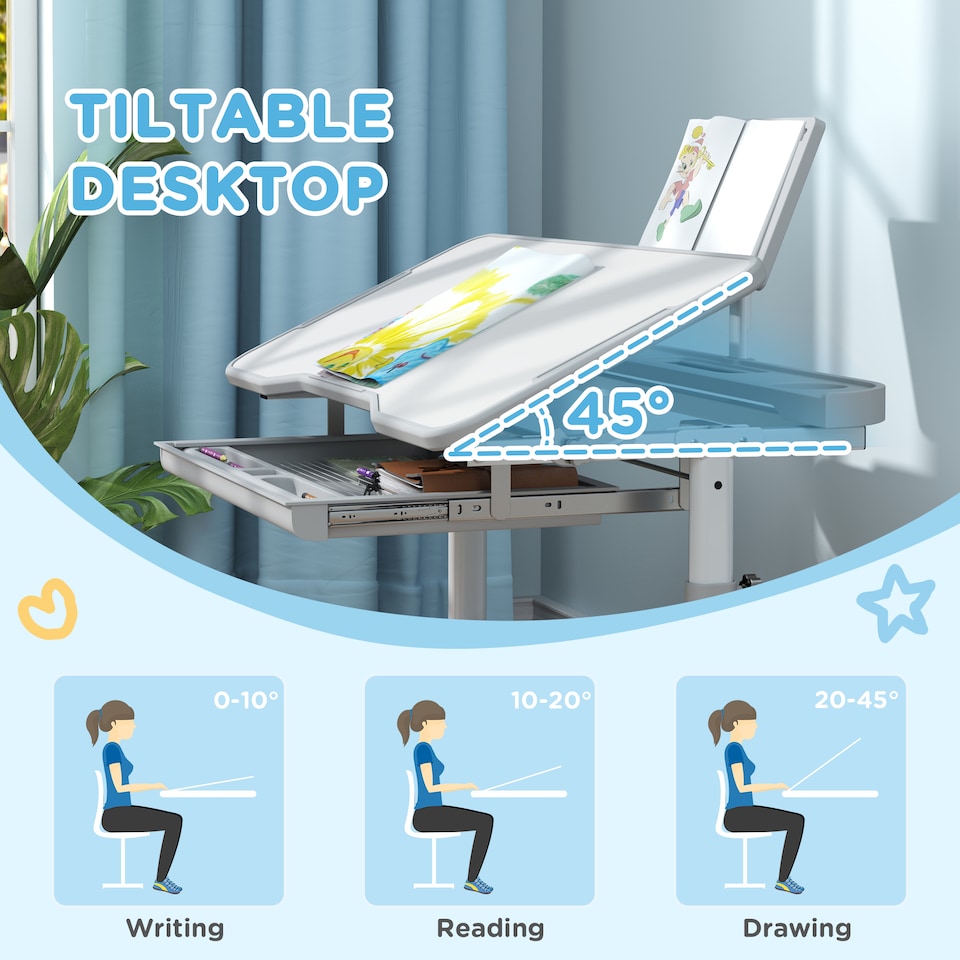image 1 of AIYAPLAY Height Adjustable Kids Desk and Chair Set w Tilted Desktop | Grey