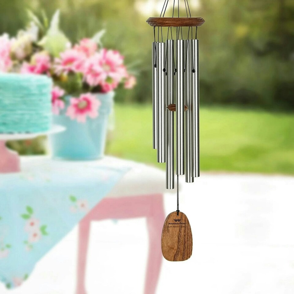image 1 of Woodstock Chimes Silver Happy Birthday Wind Chime