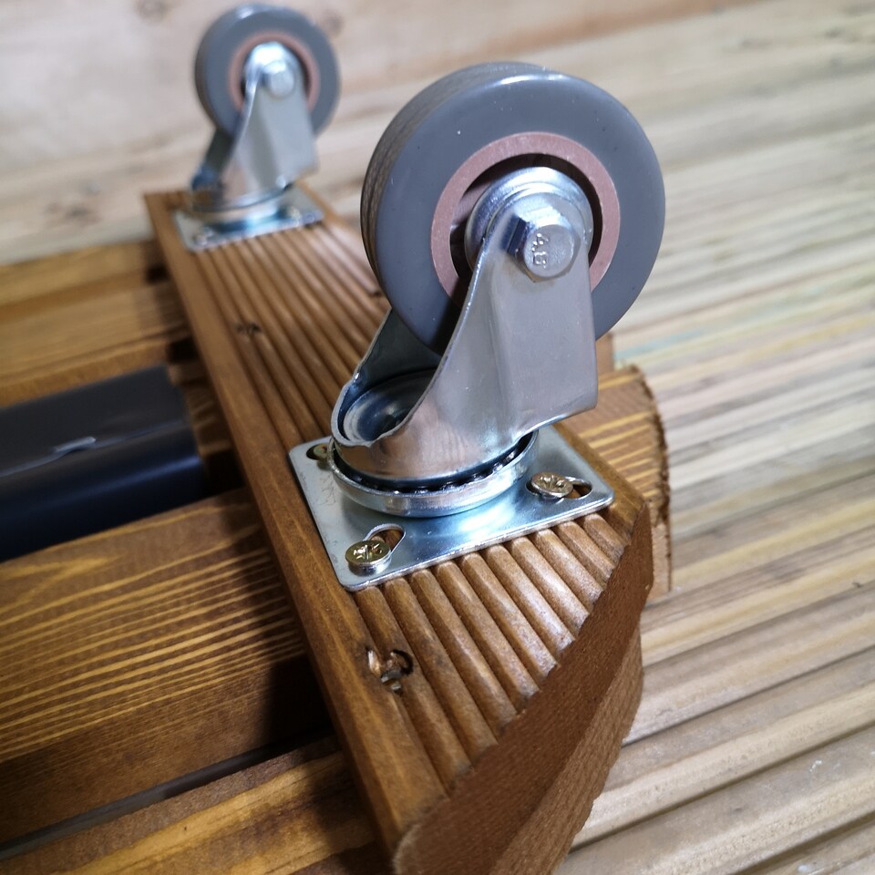 image 1 of Tom Chambers Handcrafted Heavy Duty Round Traditional Wood Garden Patio Plant Flower Pot Stand Caddy Trolley Dolly on Strong Metal Castor Wheels 30cm | Brown | Brown