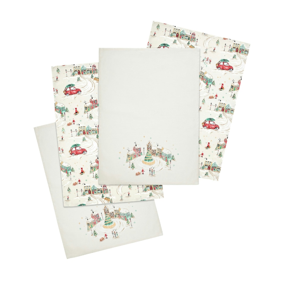 image 1 of Catherine Lansfield Christmas Town Cotton Kitchen Tea Towel Pack of 4 Natural | Cream | Natural | One size | 4