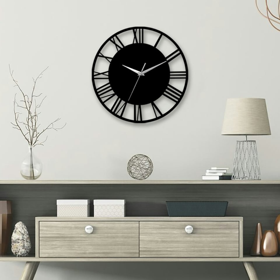 image 1 of Living and Home Silent Round Wood Wall Clock Roman Numeral - Black | Black