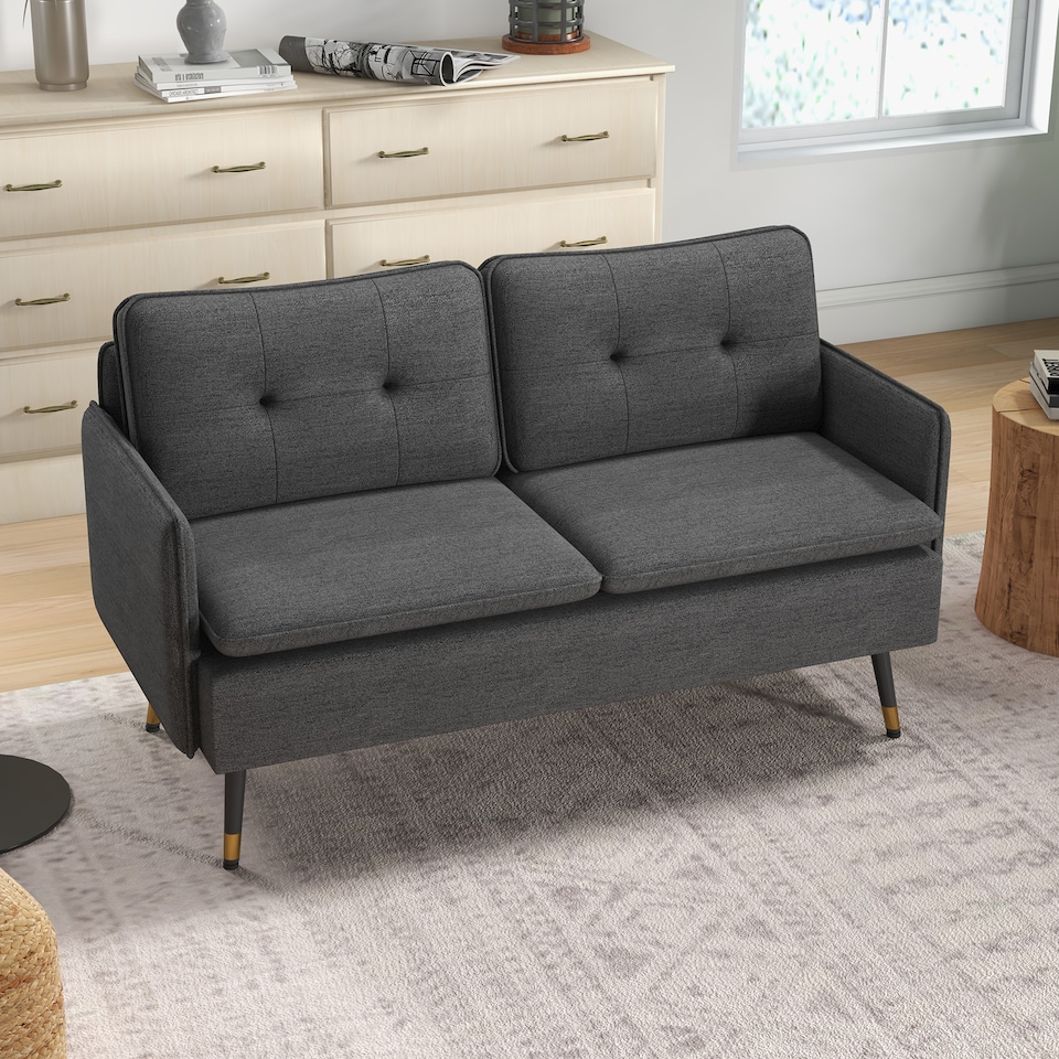 image 1 of HOMCOM Modern Two Seater Sofa, Button Tufted Loveseat with Cushions and Steel Legs for Living Room, Guest Room, Dark Grey | Grey | One Size