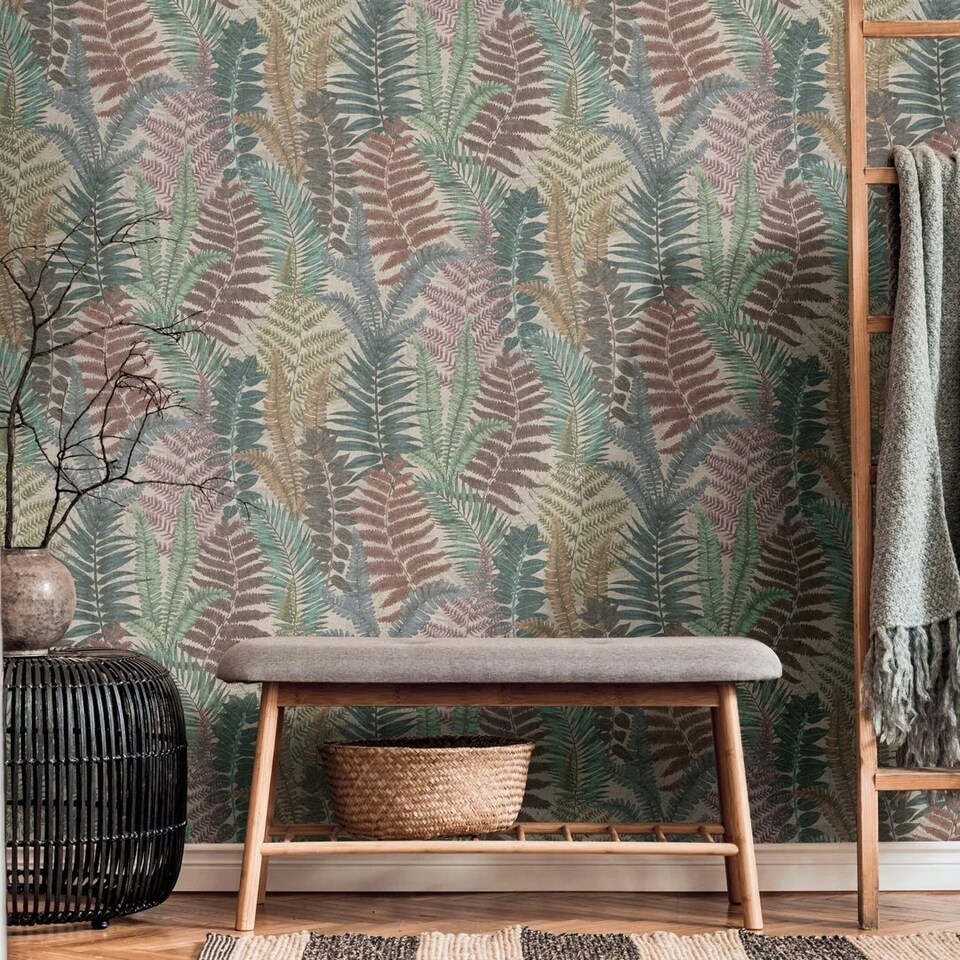 image 1 of Fern Foliage Wallpaper in Multicolour on Beige Multi
