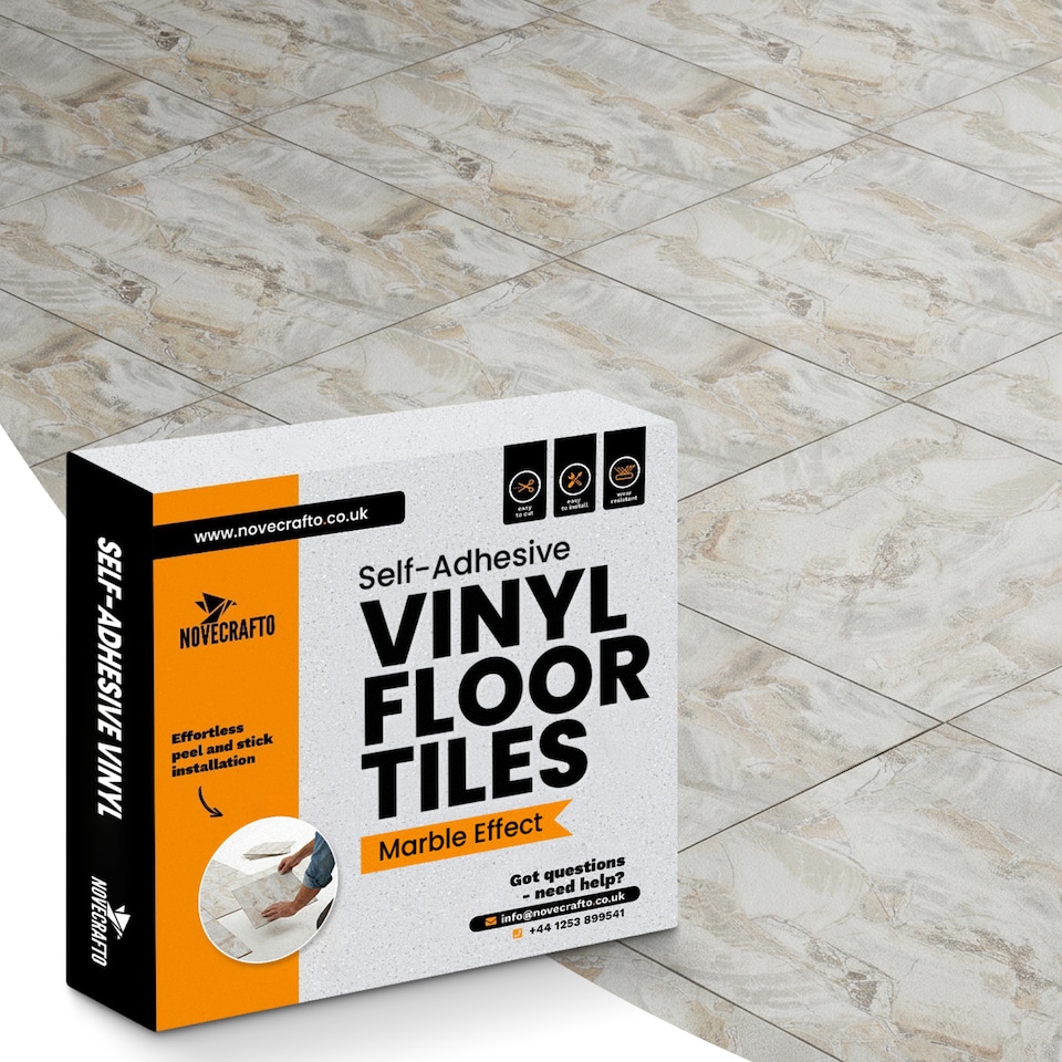 image 1 of NOVECRAFTO Vinyl Floor Tiles Self Adhesive – 12x12in Peel and Stick Flooring for Kitchen, Bathroom & Living Room – Beige Marble Flow Design | Brown | 3.72 sqm