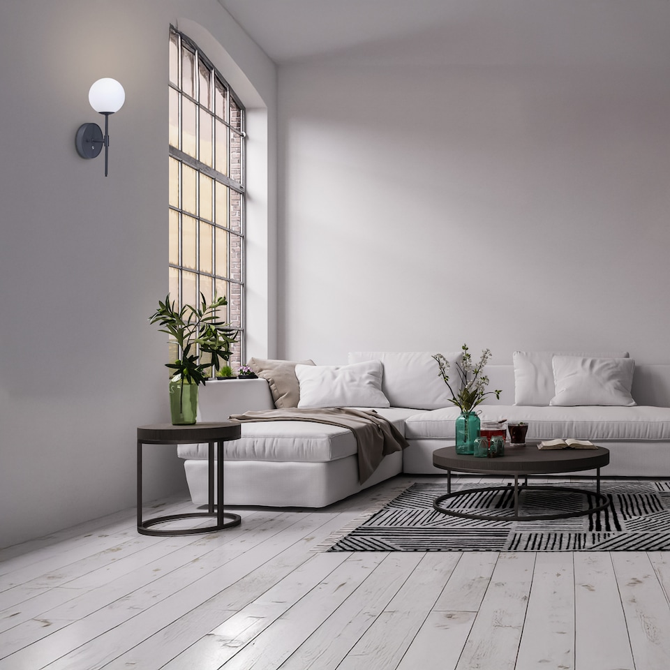 image 1 of Matt Black Wireless Rechargeable Touch Dimmable Wall Light with Opal White Shade | Black