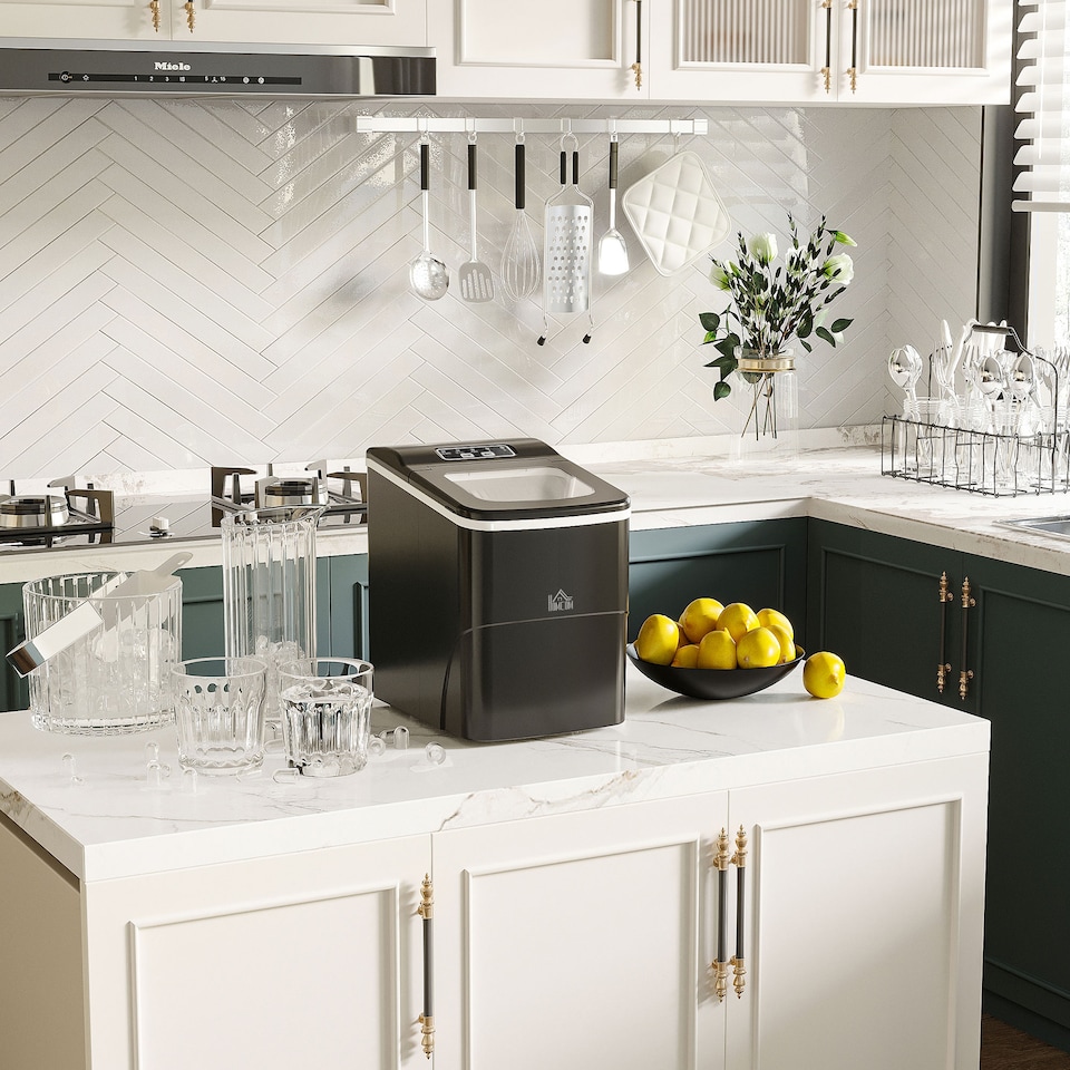 image 1 of HOMCOM Countertop Ice Machine, 12Kg in 24 Hrs, 9 Cubes Ready in 8 Mins, Portable Ice Cube Maker w Self-Cleaning, Adjustable Ice Size, Ice Scoop, Basket for Home, Kitchen, No Plumbing Required, Black