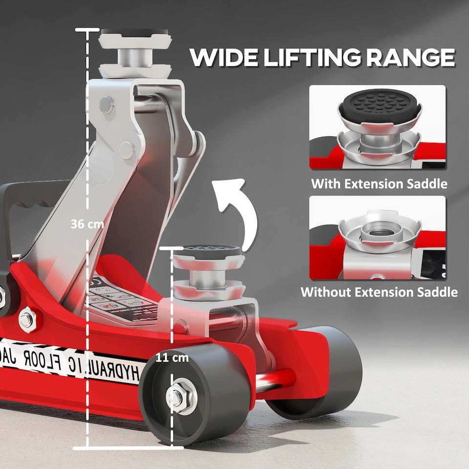 image 1 of HOMCOM Hydraulic Low Profile Floor Jack, 2.5 Tonne Heavy Duty Steel Trolley Car Jack Lift with 80-360 mm Lifting Range, Wheels, Top Handle, Red