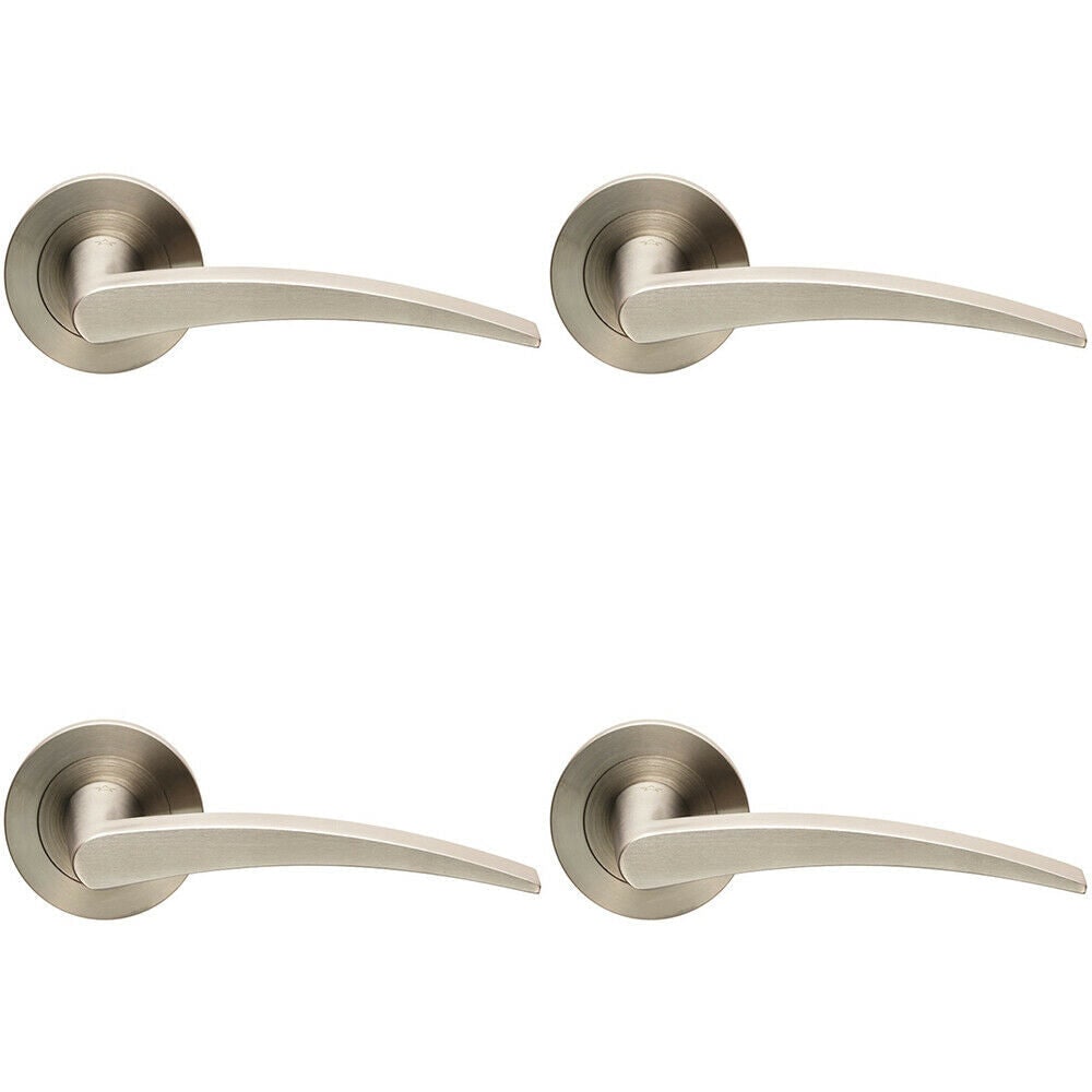 4x PAIR Slim Arched Flat Lever on Round Rose Concealed Fix Satin Stainless Steel