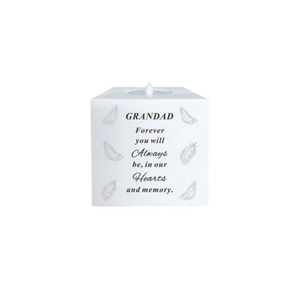 David Fischhoff Graveside Memorial Feather LED Candle Ornament Grandad in White