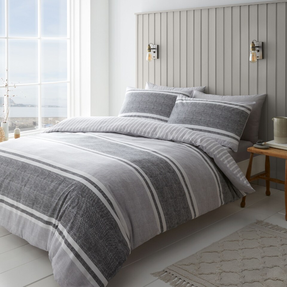 image 1 of Textured Banded Stripe Reversible Duvet Cover Set | Grey | Charcoal Grey