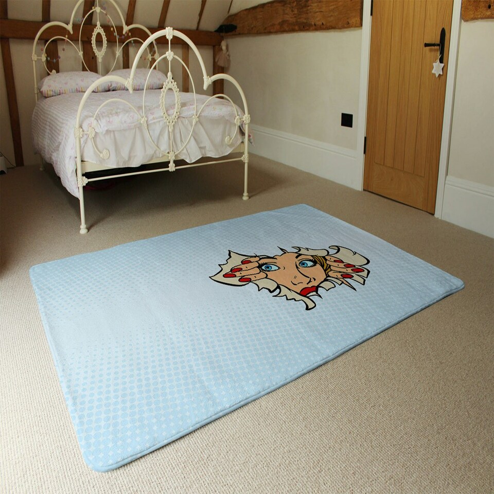 image 1 of woman looking through torn paper background. Comic cartoon pop art retro (Rug) Blue | M