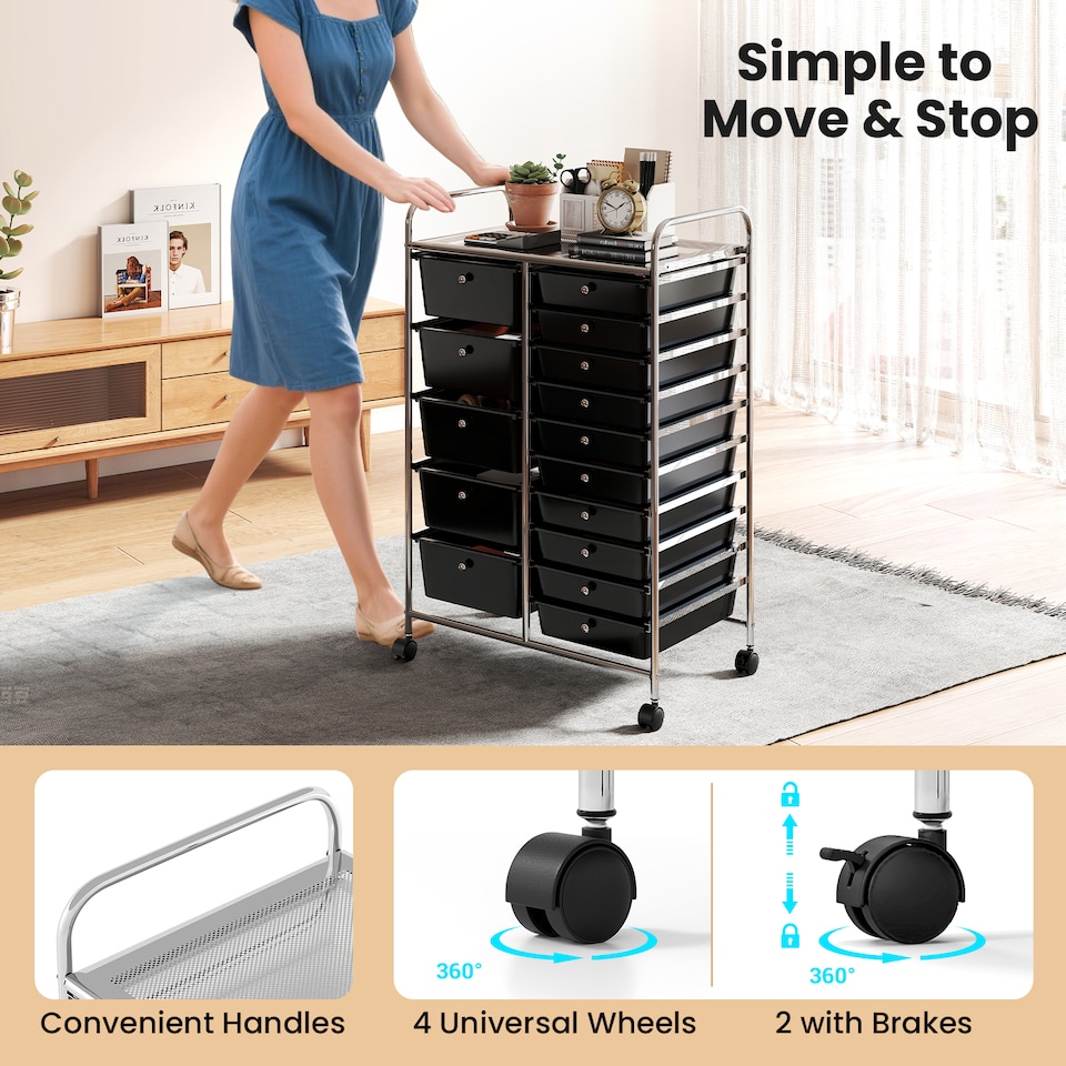 image 1 of COSTWAY 15 Drawer Rolling Storage Cart with Lockable Wheels Black