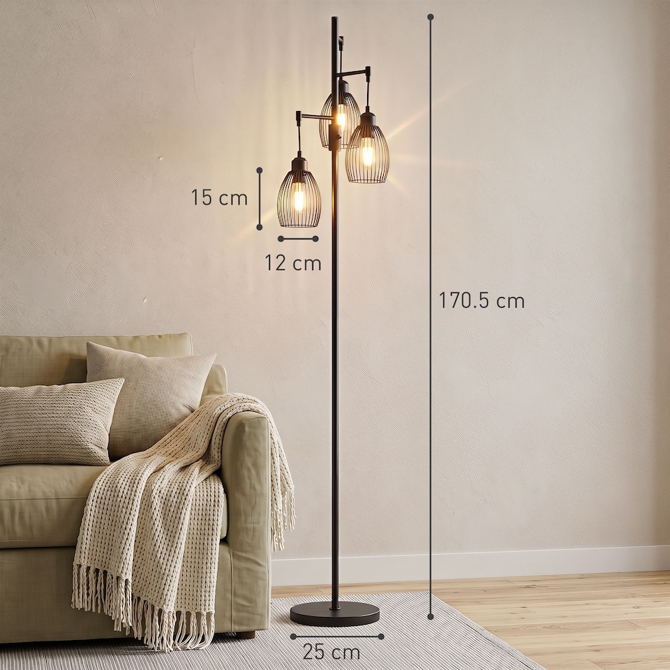image 1 of HOMCOM Industrial 3-Light Floor Lamp Dimmable Standing Lamp for Living Room