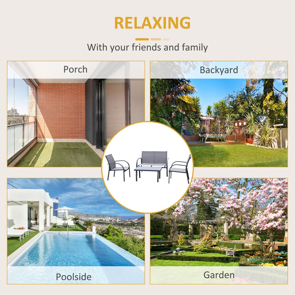 image 1 of Outsunny 4 Pcs Curved Steel Outdoor Furniture Set w Loveseat, 2 Texteline Seats, Glass Top Table Garden Balcony Patio Furniture For Family Party Events Guests Grey