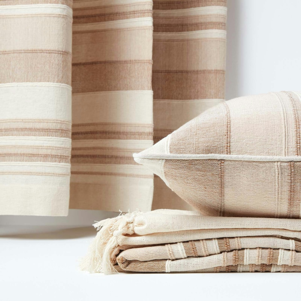image 1 of Homescapes Cotton Morocco Striped Beige Throw - 225 x 255 cm Cream