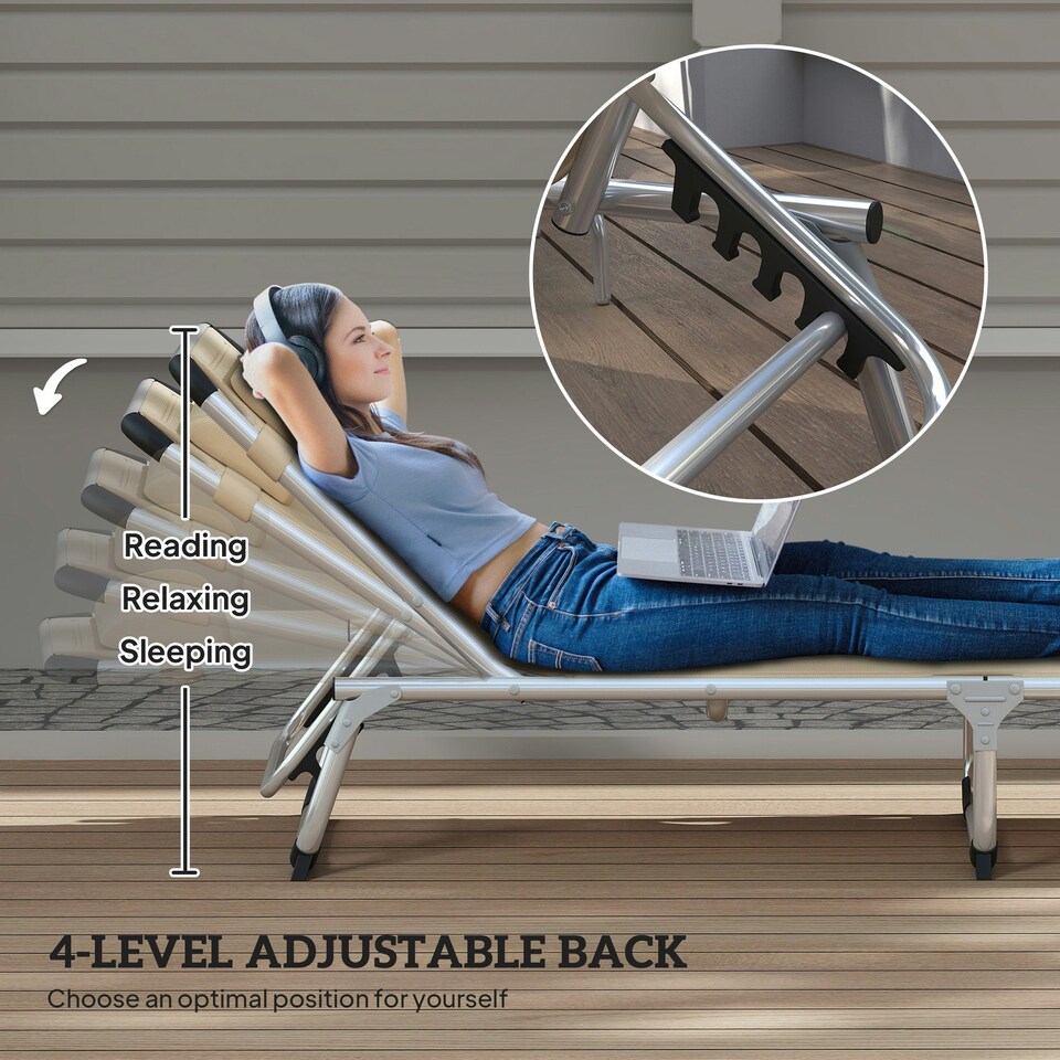 image 1 of Outsunny Folding Outdoor Reclining Sun Lounger Chair Aluminium Frame Khaki