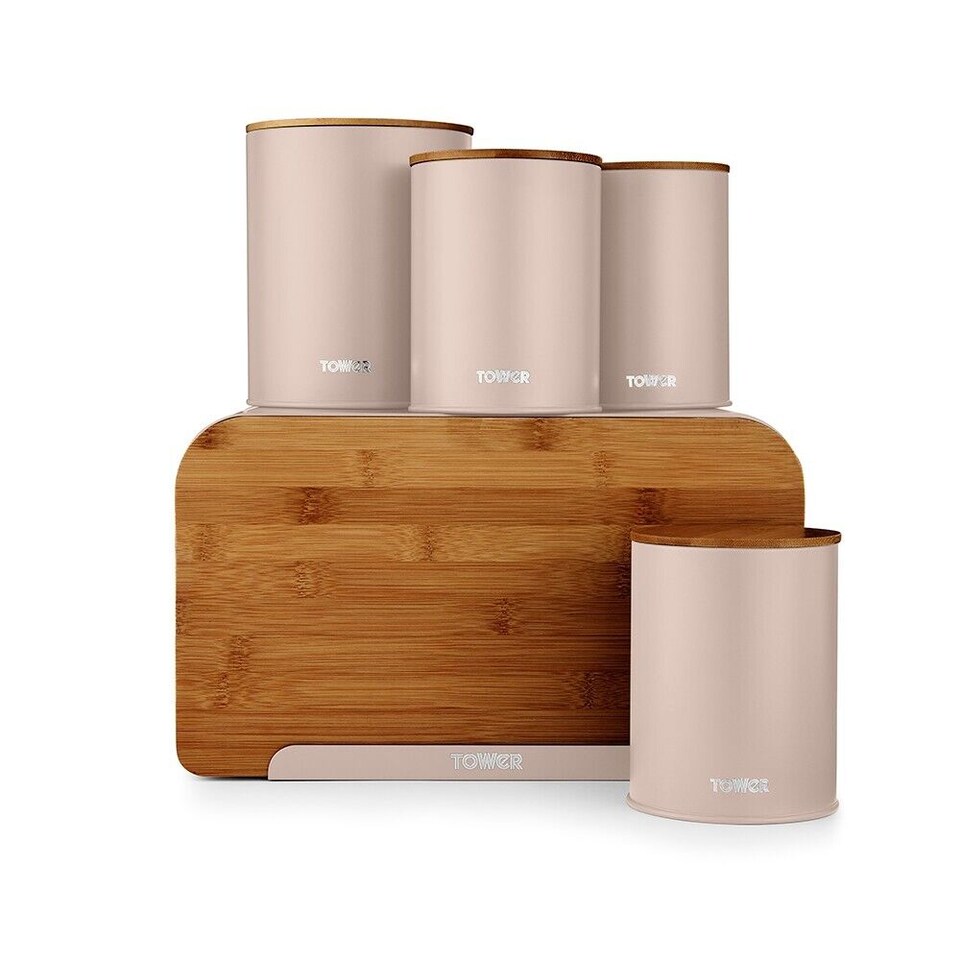 image 1 of Tower Scandi Pink Clay Storage Set Bread Bin 3 Canisters & Biscuit Barrel