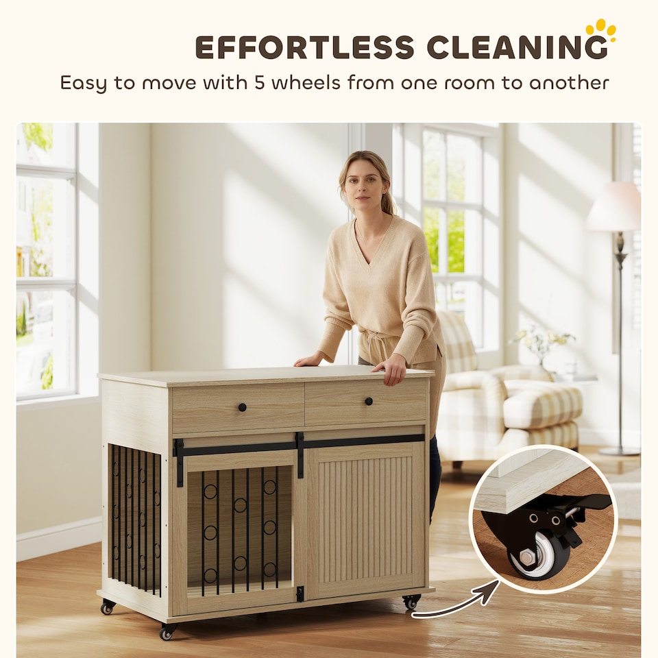 image 1 of PawHut Dog Crate Furniture on Wheels, Dog Cage with 2 Drawers, Sliding Door, Indoor Kennel End Side Table for Medium Large Breeds, Oak Tone