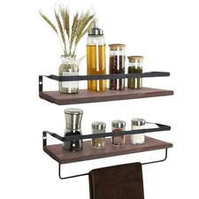 Industrial 2PC Tier Wooden Floating Shelves with Hanging Rail Brown