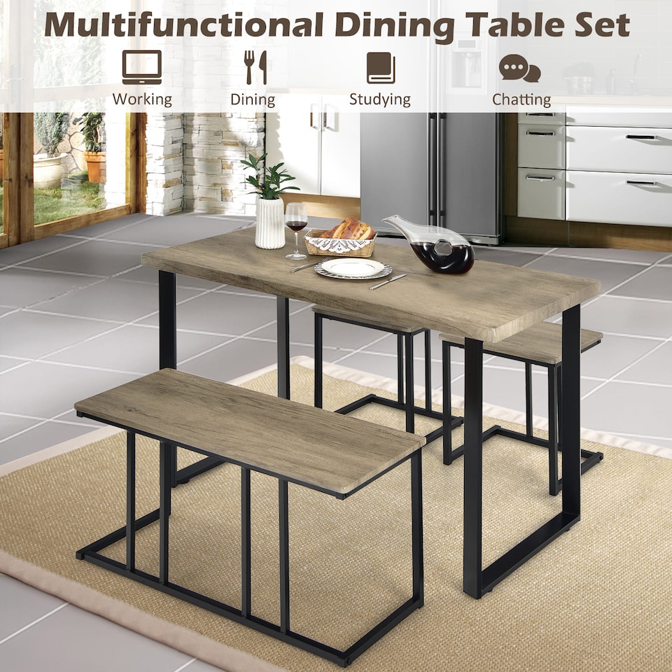 COSTWAY 4PCS Dining Table & Chair Set Kitchen Furniture Table Bench 2 ...