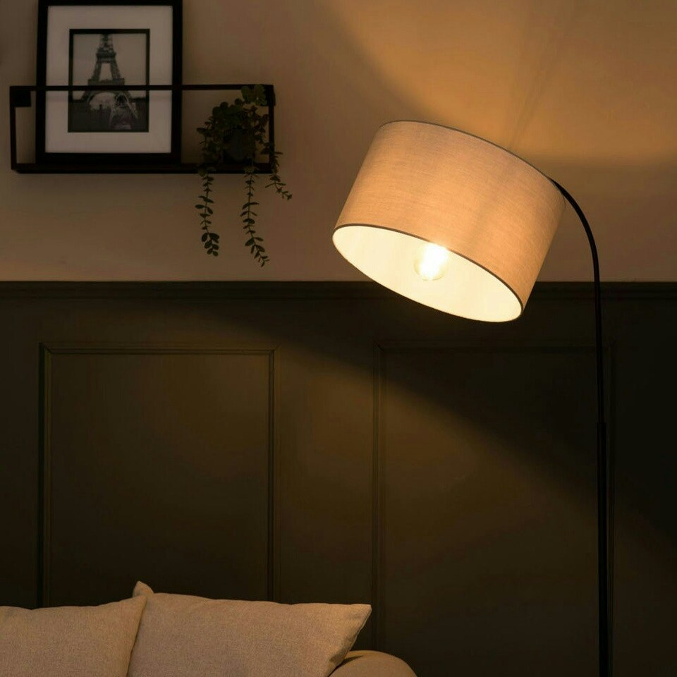 image 1 of ValueLights Modern Designer Style Black Curved Stem Floor Lamp With Grey Drum Shade