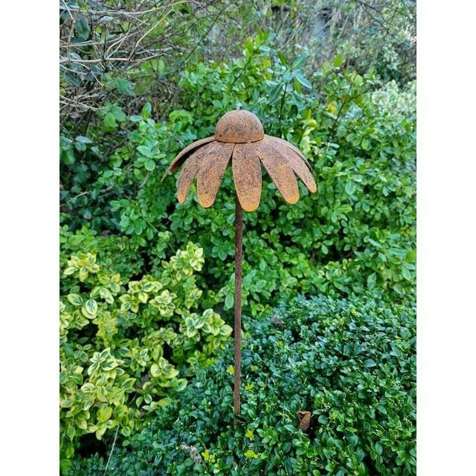 image 1 of 4 Feet Cone Flower Plant Pin Garden Art (Pack of 3) - Bare Metal/Ready to Rust