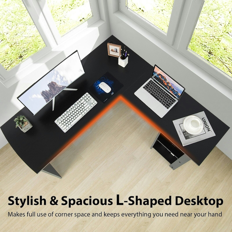 image 1 of COSTWAY L-Shaped Corner Computer Desk Writing Desk Workstation Black