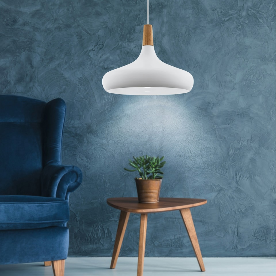 image 1 of EGLO Sabinar White Metal/Wood Single Pendant Light