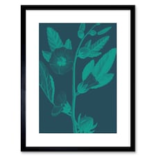 Navy Blue Teal Flowers Floral Botany Design Plant Lover 9x7" Black Framed Wall Art Print