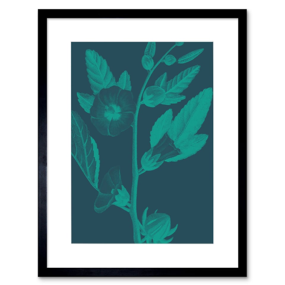 image 1 of Navy Blue Teal Flowers Floral Botany Design Plant Lover 9x7" Black Framed Wall Art Print