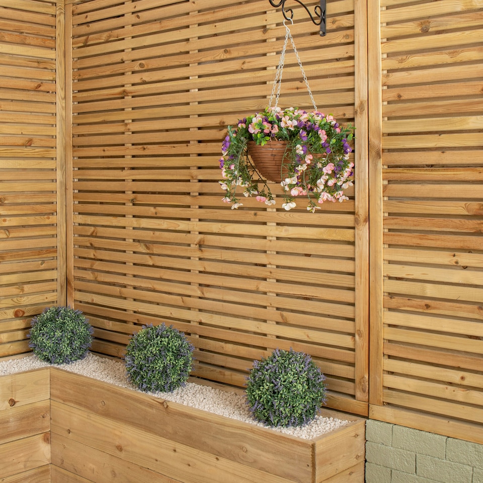 image 1 of Large Outdoor Artificial Hanging Flower Basket with Petunias and Removable Chain Brown