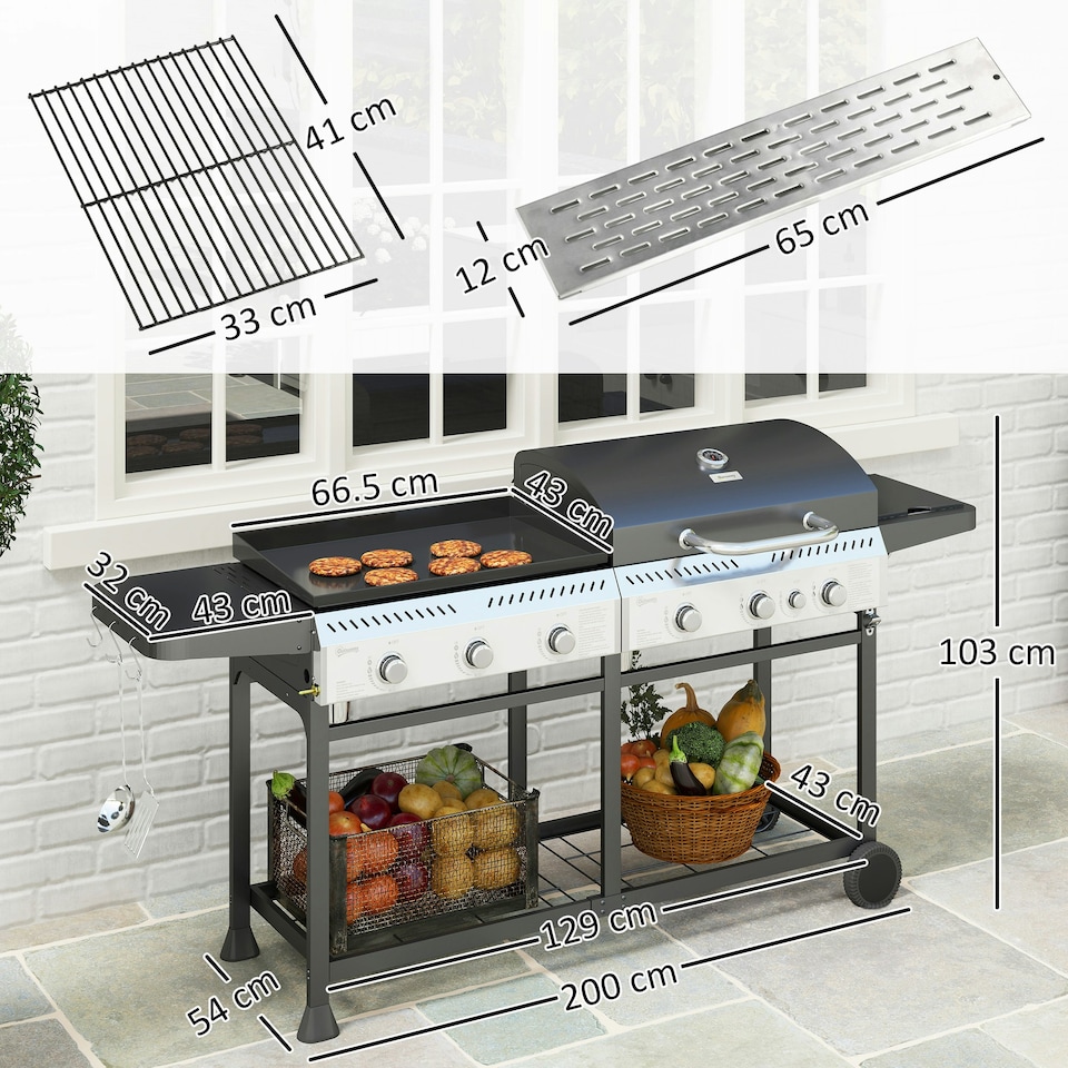 image 1 of Outsunny Gas Grill and Plancha with 6+1 Burners for Garden Party Festival