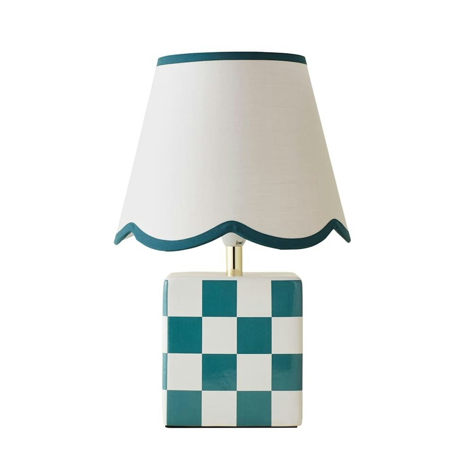 image 1 of ValueLights Evie Ceramic Cube Checkered Table Lamp with Sage Green Trim Linen Scallop Lamp Shade and LED Bulb