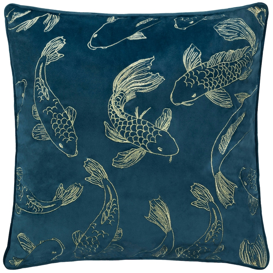 image 1 of Paoletti Koi Pond Embroidered Velvet Navy Cushion Cover 50 x 50 cm Multi