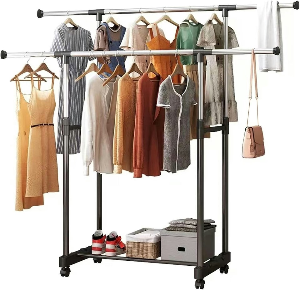 image 1 of Double-rail Adjustable Garment Rack Clothing Rail Stand on Castor Wheels with Hanging Rail and Storage Shelf | Multi | One Size