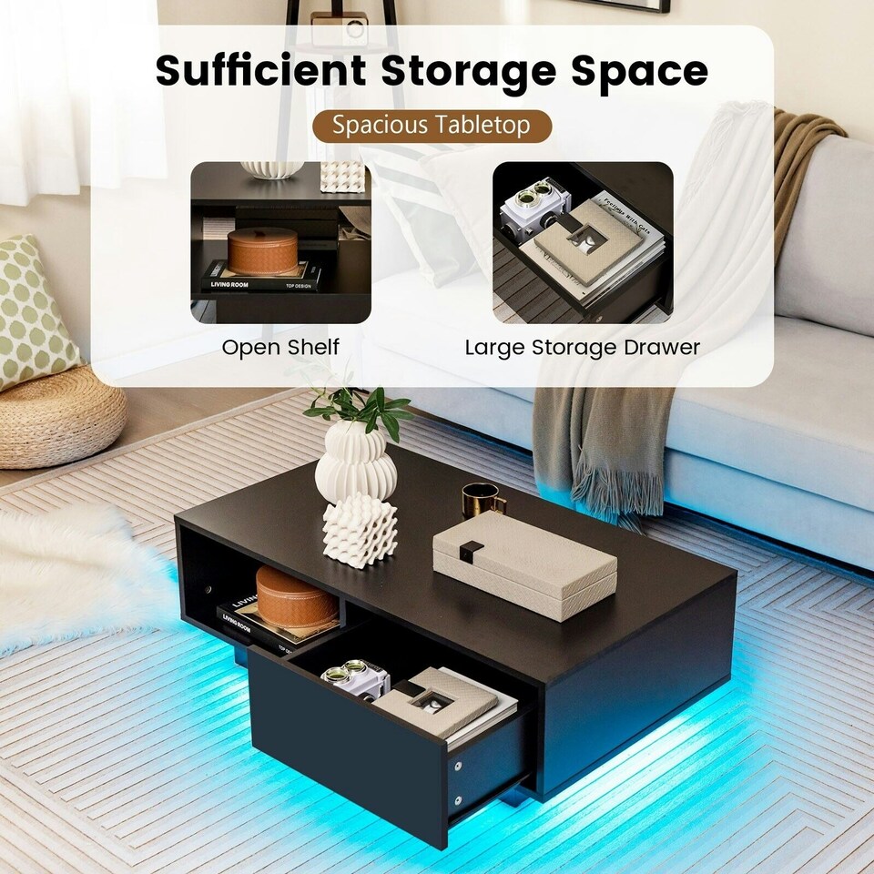 image 1 of COSTWAY Coffee Table w/LED Lights Rectangle Table Black