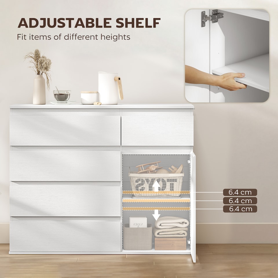 image 1 of HOMCOM Sideboard Storage Cabinet, Kitchen Cupboard with 5 Drawers | White | White embossed