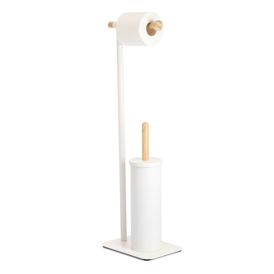 image 1 of Showerdrape Sonata White & Bamboo Toilet Roll Holder & Toilet Brush Combination