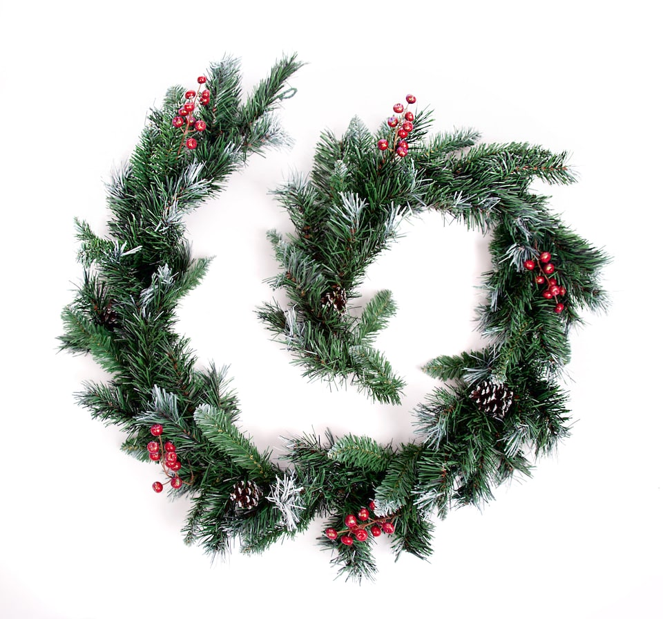image 1 of Best Artificial 9ft Deluxe Frosted Christmas Garland with Pine Cones & Winter Red Berries