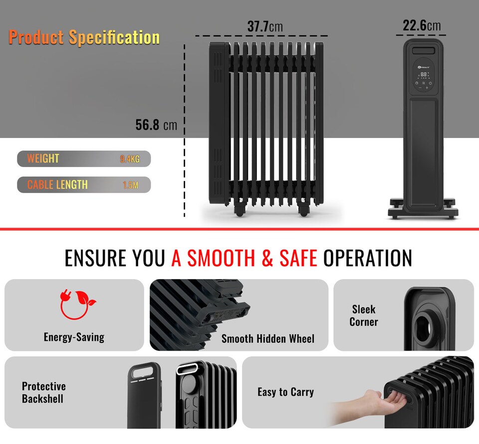 image 1 of 2300W Oil Filled Radiator with Remote Control Black